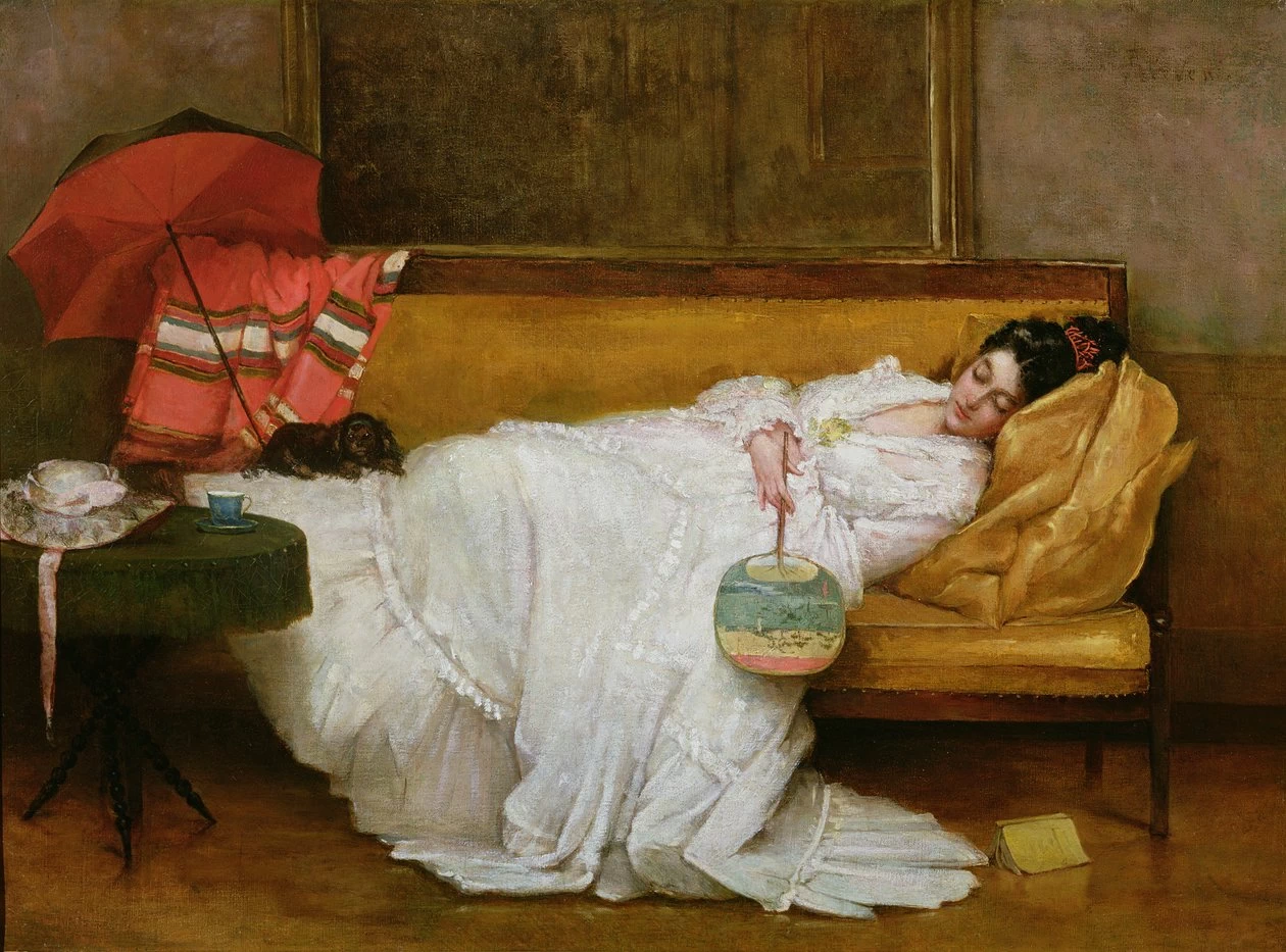 Alfred Émile Stevens - 150, Ragazza in un vestito bianco che riposa su un divano